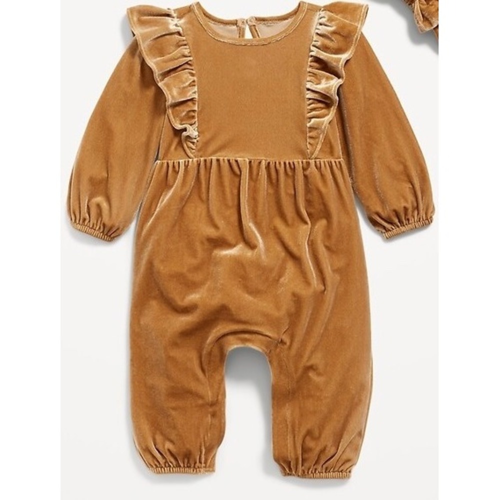 (B6) Old Navy Baby Velvet Ruffle Long Sleeve Jumpsuit Gold Brown 12-18 Months